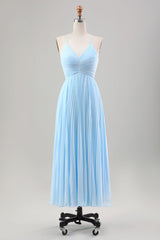 Himmelblaues A-Linie Plissee Chiffon Hochzeitsgastkleid