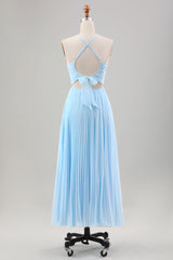 Himmelblaues A-Linie Plissee Chiffon Hochzeitsgastkleid
