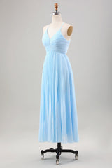 Himmelblaues A-Linie Plissee Chiffon Hochzeitsgastkleid