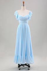 Himmelblaues A-Linie Chiffon Hochzeitsgastkleid mit Rüschenärmeln