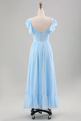 Himmelblaues A-Linie Chiffon Hochzeitsgastkleid mit Rüschenärmeln