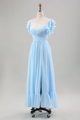 Himmelblaues A-Linie Chiffon Hochzeitsgastkleid mit Rüschenärmeln