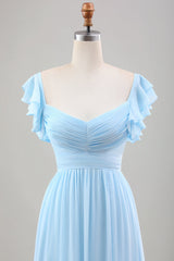 Himmelblaues A-Linie Chiffon Hochzeitsgastkleid mit Rüschenärmeln