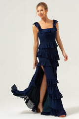 A-Linie Gestuftes Chiffonkleid mit quadratischem Ausschnitt Langes dunkelblaues Brautjungfernkleid