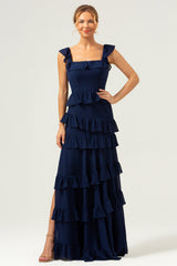 A-Linie Gestuftes Chiffonkleid mit quadratischem Ausschnitt Langes dunkelblaues Brautjungfernkleid