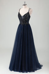 Glitzerndes marineblaues Spaghettiträger A Linie Langes Ballkleid mit Pailletten