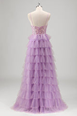 Glitzerndes Flieder A-Linie Ballkleid mit Pailletten und Schlitz