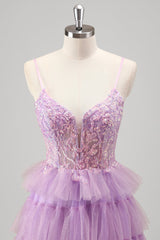Glitzerndes Flieder A-Linie Ballkleid mit Pailletten und Schlitz