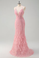 Funkelndes rosa Meerjungfrau Spaghettiträger Pailletten Langes Ballkleid mit Federn