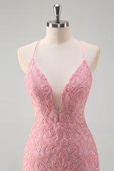 Funkelndes rosa Meerjungfrau Spaghettiträger Pailletten Langes Ballkleid mit Federn