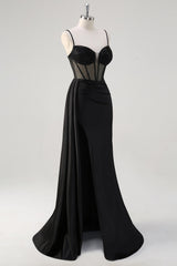 Schwarzes Spaghettiträger Satin Meerjungfrauen Langes Korsett Ballkleid mit Schlitz