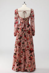 Dusty Rose Blumen Korsett A Linie Langärmeliges Hochzeitsgastkleid mit Schlitz