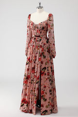 Dusty Rose Blumen Korsett A Linie Langärmeliges Hochzeitsgastkleid mit Schlitz