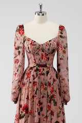 Dusty Rose Blumen Korsett A Linie Langärmeliges Hochzeitsgastkleid mit Schlitz