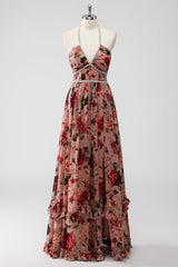 Dusty Rose Neckholder Blumen A Linie Hochzeitsgastkleid mit Schlitz