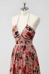 Dusty Rose Neckholder Blumen A Linie Hochzeitsgastkleid mit Schlitz