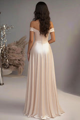 Elegantes Champagner A-Linie Schulterfreies Langes Ballkleid aus Satin