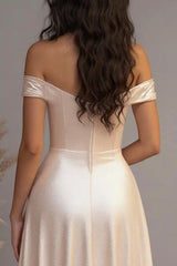 Elegantes Champagner A-Linie Schulterfreies Langes Ballkleid aus Satin