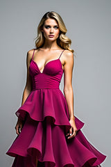 Dunkelviolettes Gestuftes Tüll Hochzeitsgastkleid mit Spaghettiträgern