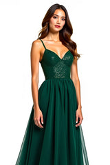 Dunkelgrünes Spaghettiträger A Linie Langes Hochzeitsgastkleid mit Schlitz