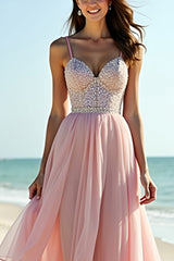 Blush Spaghettiträger Tüll Langes Hochzeitsgastkleid mit Rüschen
