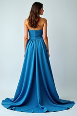 Blaues Trägerloses Langes Satin Hochzeitsgastkleid in A-Linie mit Schlitz