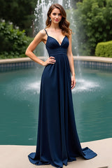 Marineblaues Langes Hochzeitsgastkleid mit Spaghettiträgern und offenem Rücken in A-Linie