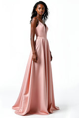 Blush Spaghettiträger Satin A-Linie Langes Hochzeitsgastkleid mit offenem Rücken