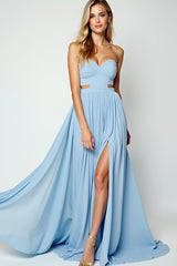 Blaues A-Linie Kleid für Hochzeitsgäste mit Schlitz