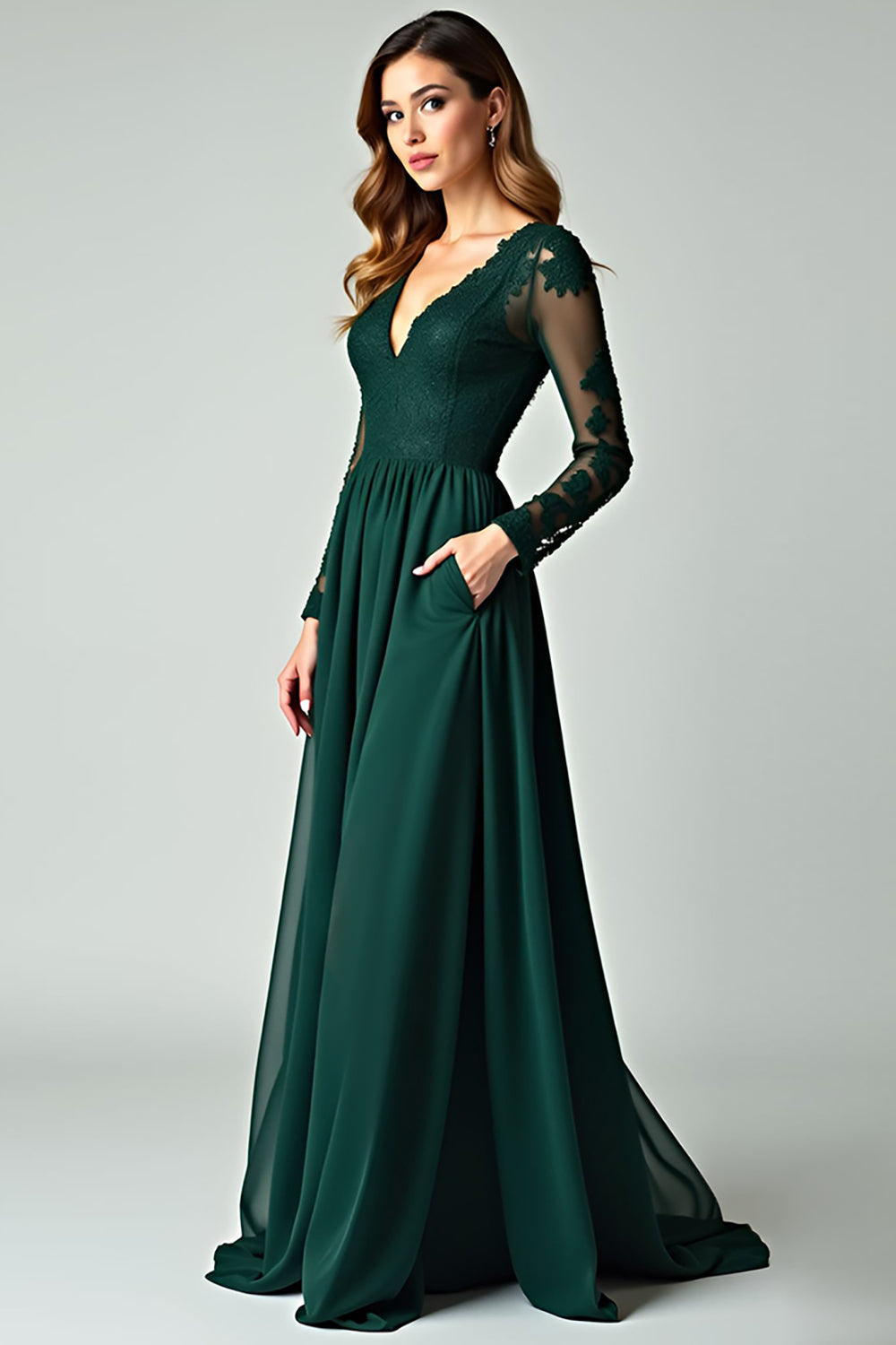 ZAPAKA Damen Kiefer Langes Ballkleid A-Linie V-Ausschnitt Langarm Spitze Abendkleid