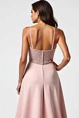 Glitzerndes Staubige Rose Hochzeitsgastkleid mit Spaghettiträgern mit Perlen