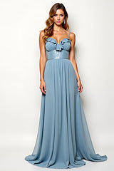 Grau Blau Chiffon A Linie Langes Hochzeitsgastkleid mit Perlen