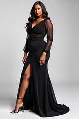 Schwarzes Meerjungfrau Partykleid aus Stretch-Satin Spitze mit V-Ausschnitt und Schlitz