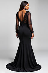 Schwarzes Meerjungfrau Partykleid aus Stretch-Satin Spitze mit V-Ausschnitt und Schlitz
