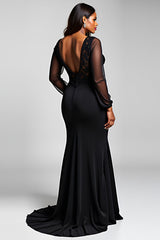 Schwarzes Meerjungfrau Partykleid aus Stretch-Satin Spitze mit V-Ausschnitt und Schlitz