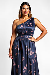 Marineblaues Blumen Kleid für Hochzeitsgäste in A-Linie mit einer Schulter