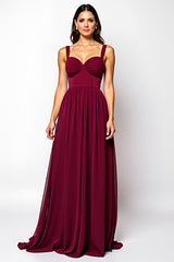 Burgundy Langes A-Linie Gerafftes Chiffon Hochzeitsgastkleid