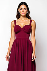 Burgundy Langes A-Linie Gerafftes Chiffon Hochzeitsgastkleid