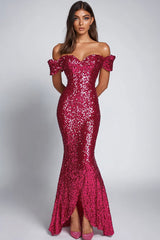 Meerjungfrau Fuchsia Pailletten Schulterfreies Ballkleid
