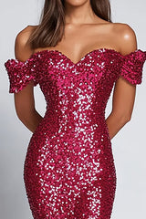 Meerjungfrau Fuchsia Pailletten Schulterfreies Ballkleid