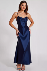 Stretch-Satin Marineblaues Spaghettiträger Etui Abendkleid