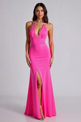 Fuchsia Meerjungfrau Neckholder Ballkleid mit Schlitz