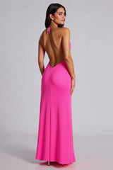 Fuchsia Meerjungfrau Neckholder Ballkleid mit Schlitz