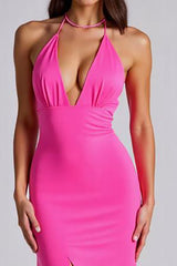 Fuchsia Meerjungfrau Neckholder Ballkleid mit Schlitz