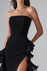 Schwarzes Elegantes Langes Ballkleid mit Rüschen und Schlitz
