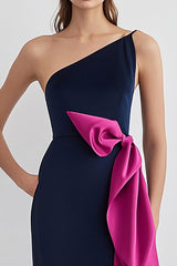 Langes Marineblaues Eine Schulter Abendkleid mit Schleifen