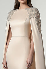 Champagner Satin Cape Midi Abendkleid