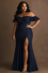 Marineblaues Schulterfreies Langes Ballkleid in Übergröße mit Schlitz