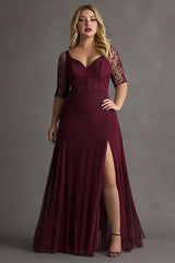 Übergröße Burgundy Langes Partykleid aus Spitze mit halben Ärmeln und Schlitz