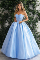 Glitzerndes Himmelblaues Trägerloses Organza Ballkleid in A-Linie mit Spitze